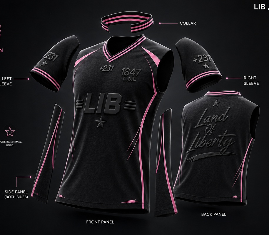 Exploded LAND OF LIBERTY jersey showing collar, sleeves, front panel, back panel and side panels