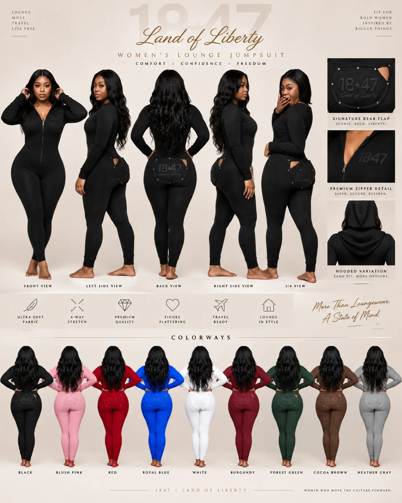 1847 Women’s Lounge Jumpsuit color palette including black, pink, red, blue, white, burgundy, green, brown and gray