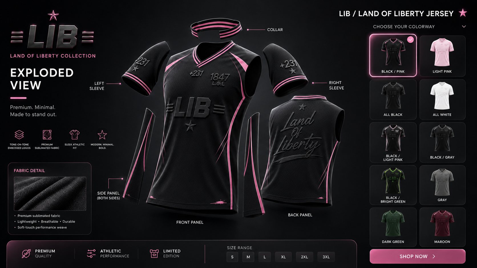 LAND OF LIBERTY exploded black and pink jersey construction presentation